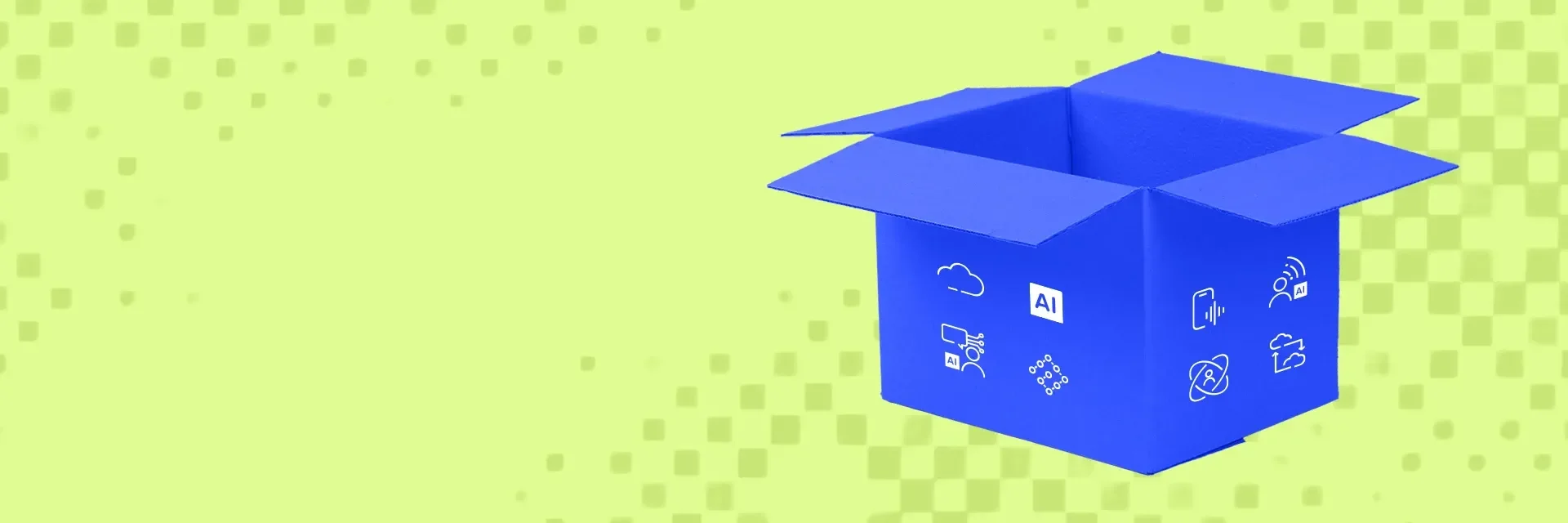 Blue cardboard box on a light green dotted background.